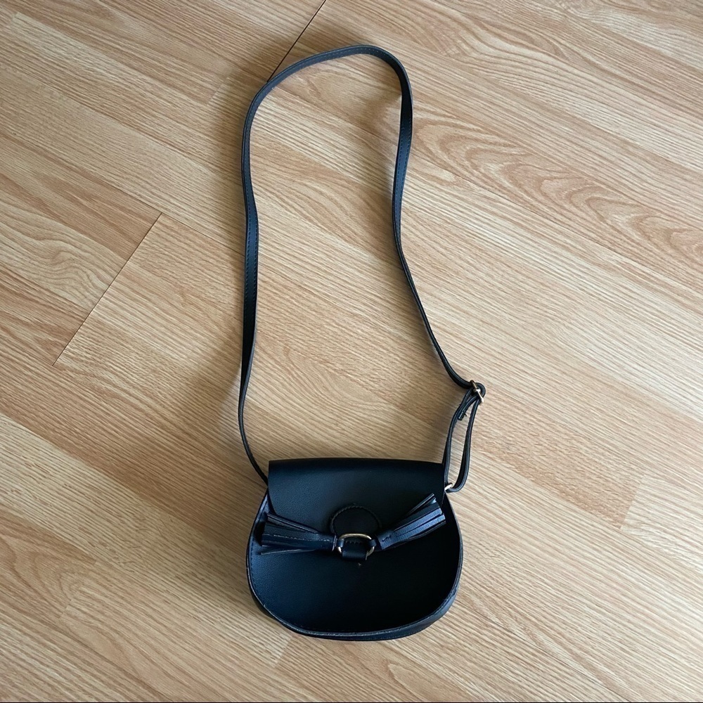 Black Faux Leather Small Tassel Minimalist Crossbody Bag